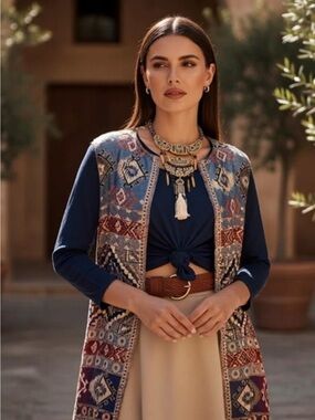 Boho Embroidered Open Vest with Navy Knit Top. This item is the last one.